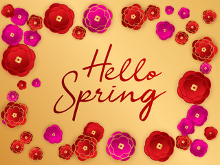 Hello spring banner, red flowers background.