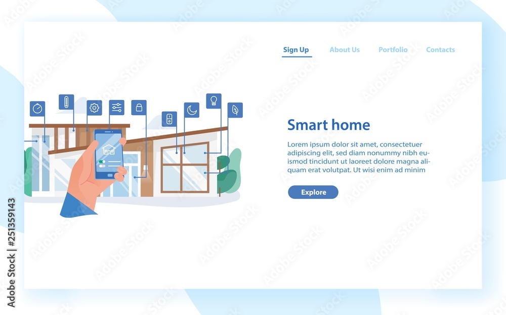 Aufkleber Web banner template with hand holding mobile phone with app for house automation against residential building on background. Smart home with remote control. Flat vector illustration for website.