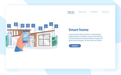 Web banner template with hand holding mobile phone with app for house automation against residential building on background. Smart home with remote control. Flat vector illustration for website.