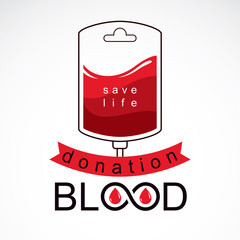 Vector illustration of blood dropper prepared for blood donation. Blood transfusion metaphor, medical care emblem.