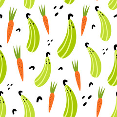 Vector seamless pattern in Doodle style. Squash, carrot. Vegetable background