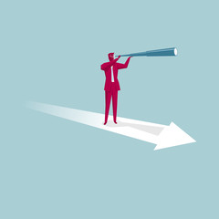 Businessman holding a telescope. Standing on the arrow symbol. The background is blue.