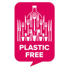 Plastic free logo. Ecological poster. Message composed of white plastic objects, glasses, cutlery and bottle, on a fuchsia background.