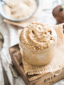 Homemade tahini (tahina) in a jar