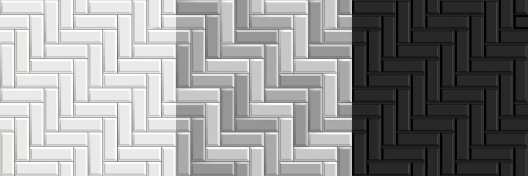 Black and white seamless textures of herringbone tiles. Set of vector grayscale paving floor