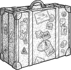 Retro suitcase illustration, drawing, engraving, ink, line art, vector