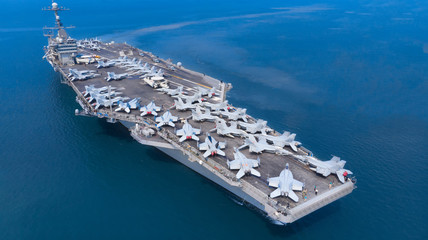 Nuclear ship, Military navy ship carrier full loading fighter jet aircraft for prepare troops. ...