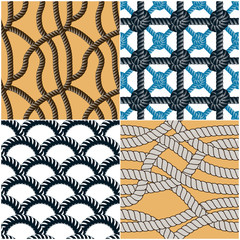 Seamless patterns rope woven vectors set, abstract illustrative backgrounds collection. Endless navy illustrations with fishing net ornament and marine knots. 