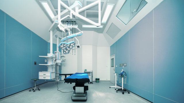 Background Of Hospital Empty Operation Room With Surgery Bed And Surgery Light