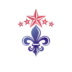 Retro vintage Insignia created with lily flower and pentagonal stars. Vector product quality idea design element, Fleur-De-Lis.