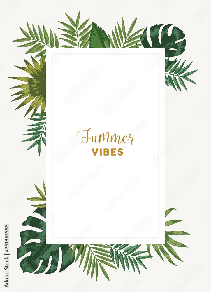 Poster exotic flyer or poster template with green leaves of jungle plants and place for text. vertical summ