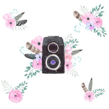 Watercolor camera flower set 15