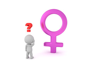 3D Character looking confused at female gender sign