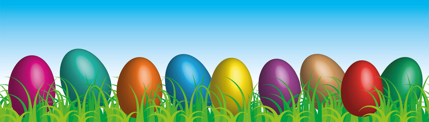 Easter eggs on the grass blue sky background, vector