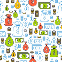 Financial icon set seamless background, dollar currency money signs, backdrop for financial website or economical theme ads and information, vector wallpaper or web site background.