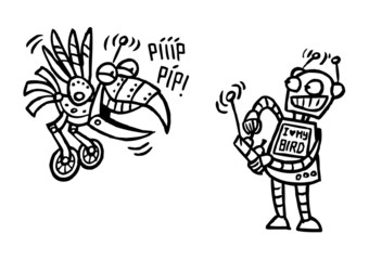 Robot plays with a robotic bird on the remote control, black and white cartoon