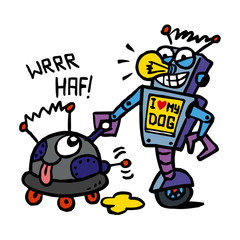 Robot on a walk with a robotic dog, pet walking, color cartoon