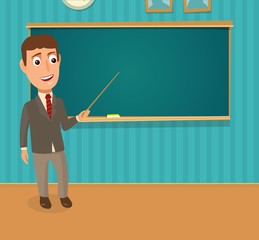 Teacher standing in front and holding pointer. Empty chalkboard