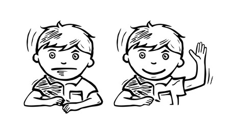 Schoolboy with a pen in his hand thinks over a task. Vector black illustration.