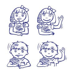 Schoolboy and schoolgirl thinks over task and raised hand answer