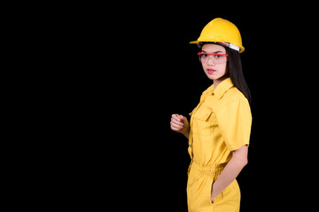 Woman architect hold yellow helmet on black background