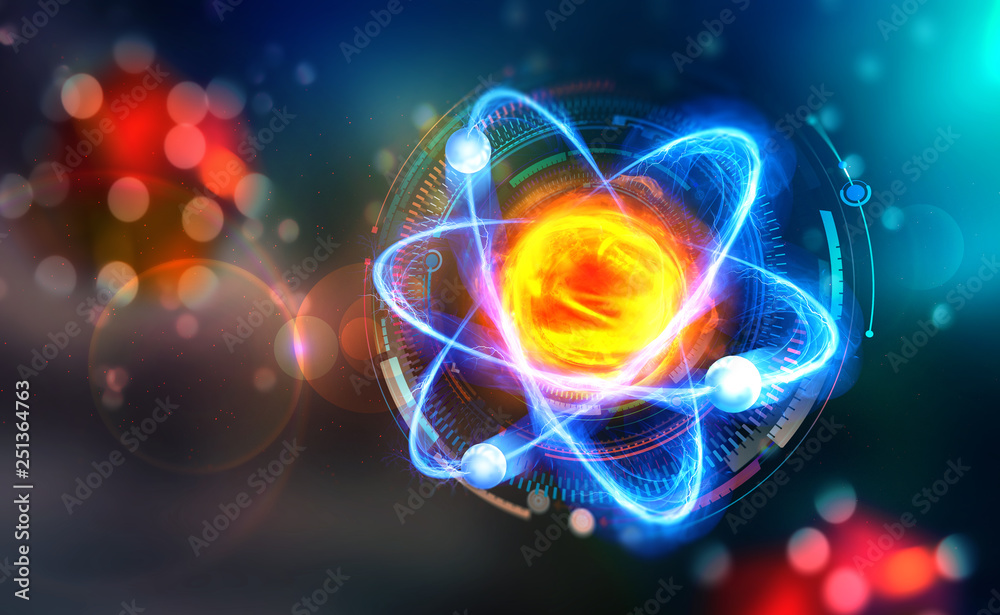 Aufkleber scientific concept. genious idea. breakthrough research. 3d illustration of an atom on the backgroun