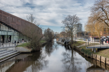 Fototapeta na wymiar Vejle city center with canal on a sunny day, Denmark