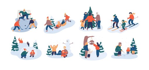 Obraz na płótnie Canvas Set of family winter leisure activities. Mother, father and child having fun outdoors together - playing ice hockey, feeding birds, fishing, throwing snowballs. Flat cartoon vector illustration.