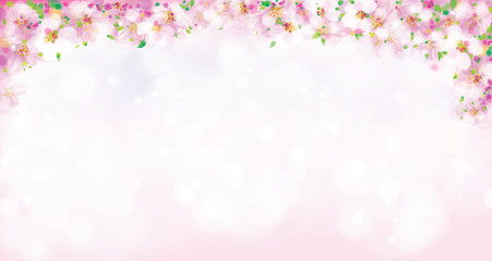 Vector pink, floral border, blossoming sakura tree, bokeh effect. Spring background.