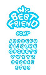 Bright blue modern of letters set. Font and numbers. Typography font for print design or logos. Trendy kids alphabet.