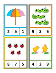 Spring season themed counting 1 to 10 practice for kids worksheet or four task cards (when cut along the dotted lines): Count. Circle the correct answer. - Language independent.