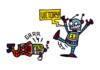 Robots are fighting ultimate match, the winner celebrates, color cartoon