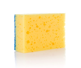 one yellow sponge for cleaning ware isolated on white background