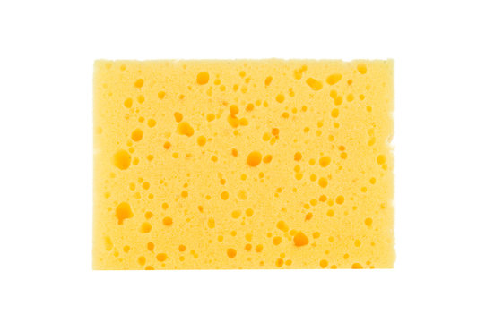 one yellow sponge for cleaning ware isolated on white background