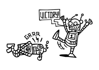 Robots are fighting ultimate match, the winner celebrates, black and white cartoon