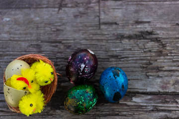 easter eggs on an old wooden board. Spring, Easter concept.