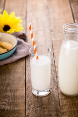 A glass of milk with milk bottle and cookies on wooden table