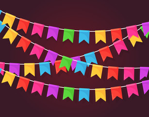 Obraz premium Banner with garland of colour festival flags and ribbons, bunting. Background for celebrate happy birthday party, carnaval, fair. Vector flat design