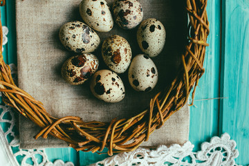 easter composition interesting decor and easter eggs on a beautiful background
