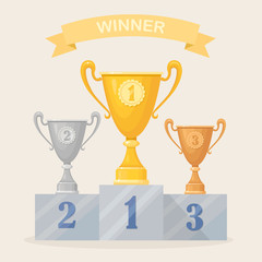 Trophy cup on pedestal. Gold,silver, bronze goblet isolated on background. Awards for winner, champion. Concept of victory, award, championship, leadership, achievement. Vector flat design