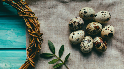 easter composition interesting decor and easter eggs on a beautiful background