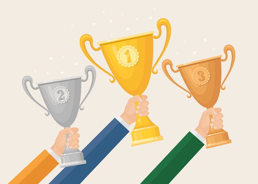 Trophy cup in hand. Gold,silver, bronze goblet isolated on background. Awards for winner, champion. Concept of victory, award, championship, leadership, achievement. Vector flat design