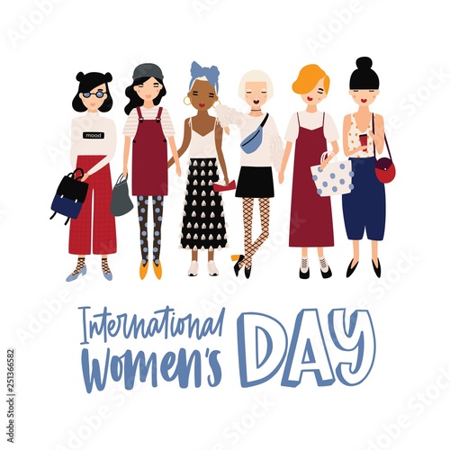 International Women's Day banner or postcard template with happy young hipster girls or feminist activists standing together. Trendy vector illustration for 8 March celebration in cool flat style.