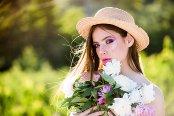 pretty gardener. Natural beauty and spa therapy. Spring woman. Springtime and vacation. Summer girl with long hair. Woman with fashion makeup. Face and skincare. Travel in summer