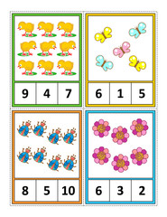 Spring season themed counting 1 to 10 practice for kids worksheet or four task cards (when cut along the dotted lines): Count. Circle the correct answer. - Language independent.