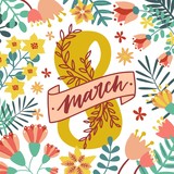 Decorative square greeting card template with motley spring blooming flowers with 8 March lettering decorated by ribbon. Flat floral vector illustration for International Women's Day celebration.