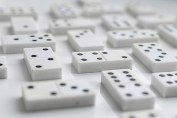 Domino pieces are neatly laid out on a white surface