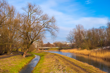 Dolina Sluzewiecka valley and public park in Warsaw, Poland along the Potok Sluzewiecki creek in early spring season.