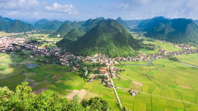serene village time lapse in valley with paddy field all around at Bac Son, Long Son, Vietnam, Locked down.