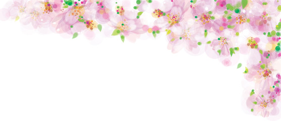 Obraz na płótnie Canvas Vector pink, floral border, blossoming sakura tree, bokeh effect, isolated on white.